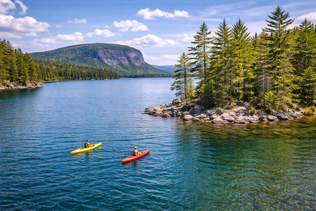 Canoes and kayaks paddling calm waters on Moosehead Lake with Mount Kineo and forested shoreline under natural Maine summer light.