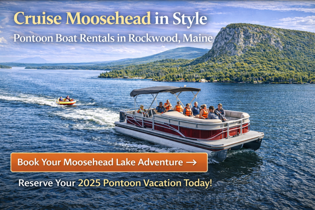 Capt. Roger’s pontoon boat cruising on Moosehead Lake near Mount Kineo in Rockwood Maine with clear blue water and North Woods mountain scenery.