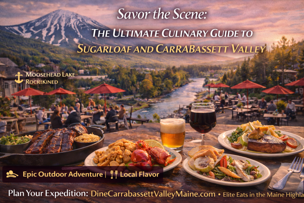 Snow-capped Sugarloaf Mountain overlooking Carrabassett Valley with cozy mountain restaurants and après-ski dining spots nestled in the Maine Highlands.