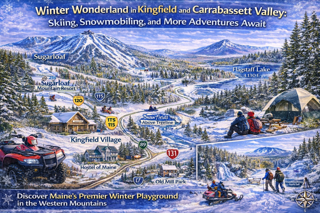 Illustrated winter adventure map of Kingfield and Carrabassett Valley, Maine, highlighting Sugarloaf Mountain, ski areas, snowmobile trails, Nordic skiing routes, and mountain scenery.