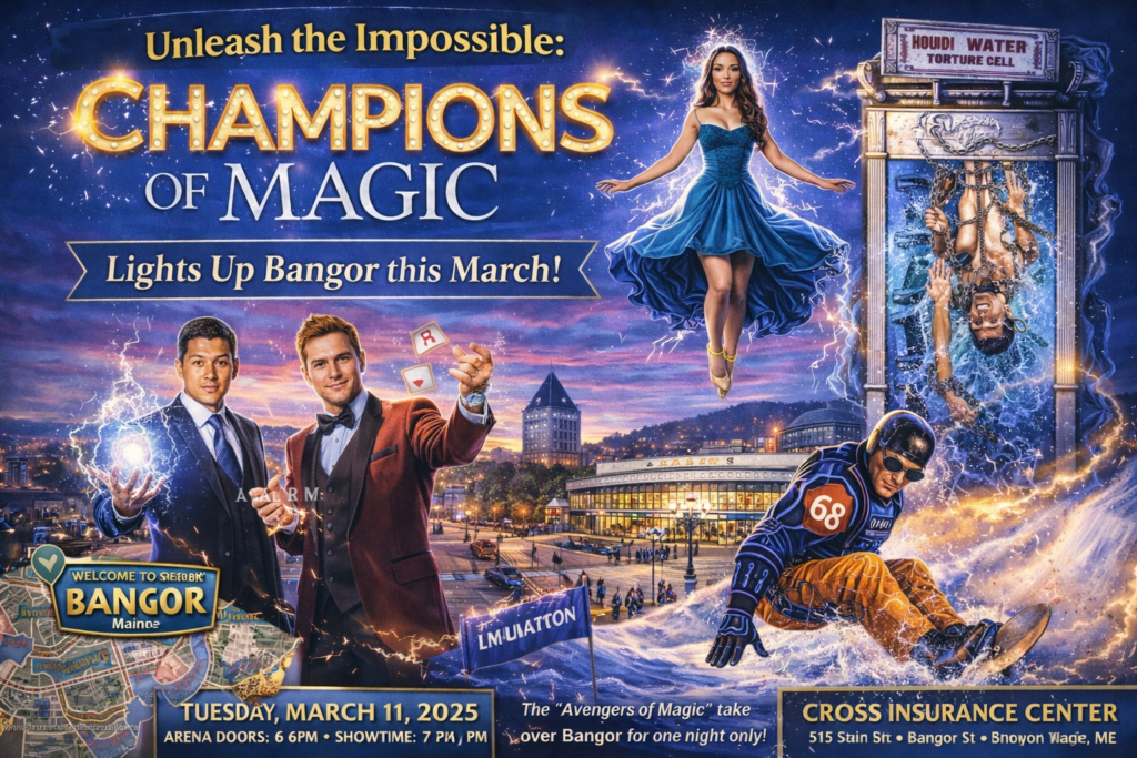 Champions of Magic illusionists perform mind-bending tricks at the Cross Insurance Center in Bangor, Maine, featuring levitation, card magic, and high-energy stage illusions in March 2025.