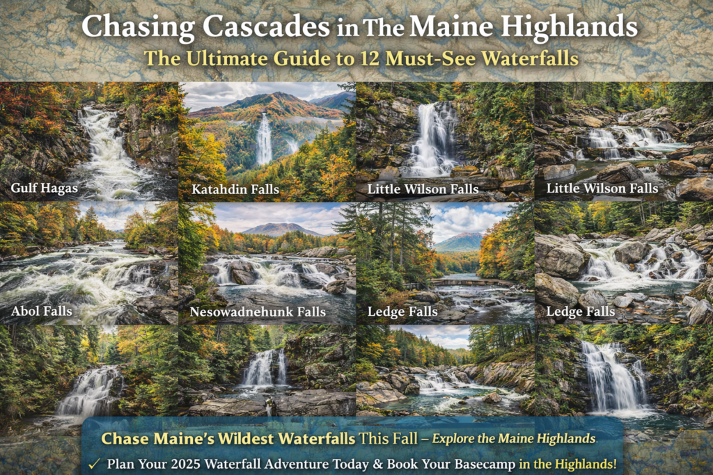 Collage of Maine Highlands waterfalls including Gulf Hagas, Katahdin Falls, Abol Falls, Little Wilson Falls, Ledge Falls, and Nesowadnehunk Falls surrounded by vibrant autumn foliage in northern Maine.