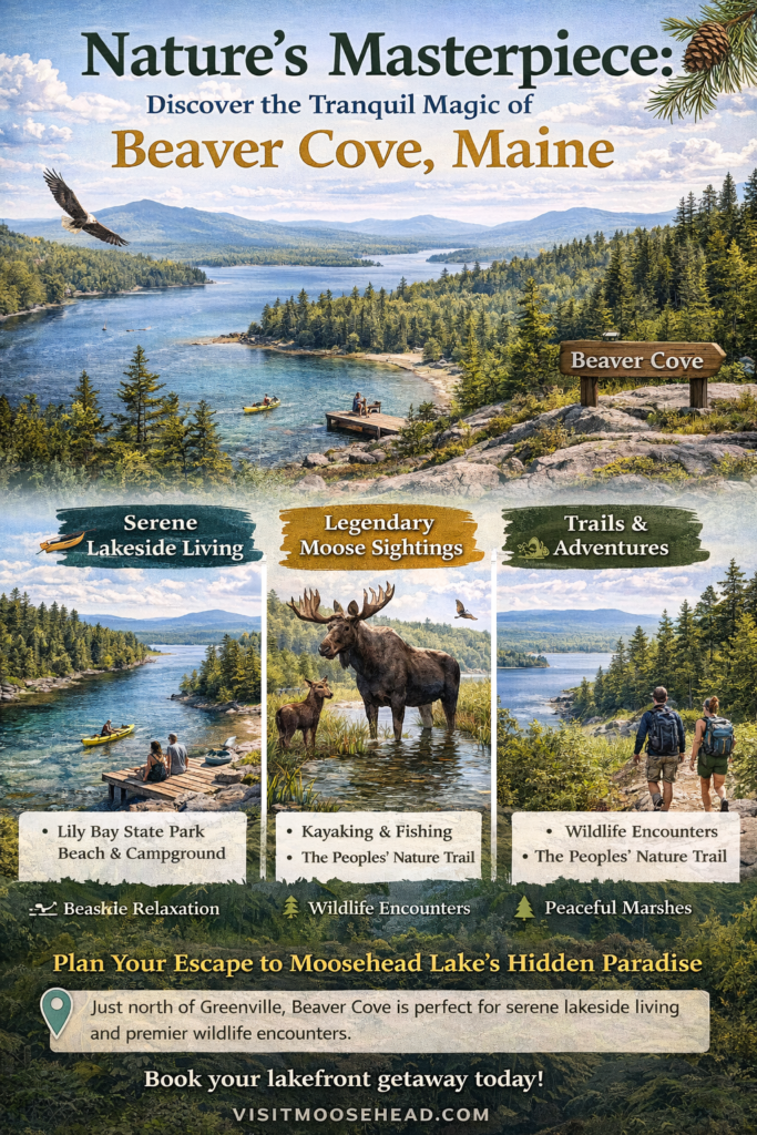 Illustrated infographic of Beaver Cove, Maine, showing Moosehead Lake shoreline, kayaking waters, moose habitat, Lily Bay State Park, and outdoor recreation highlights in the Maine Highlands.