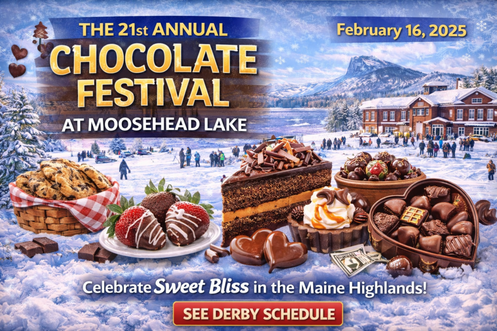 Crowds enjoying chocolate treats at the Moosehead Lake Chocolate Festival in Greenville Maine with snowy mountains and winter scenery in the background