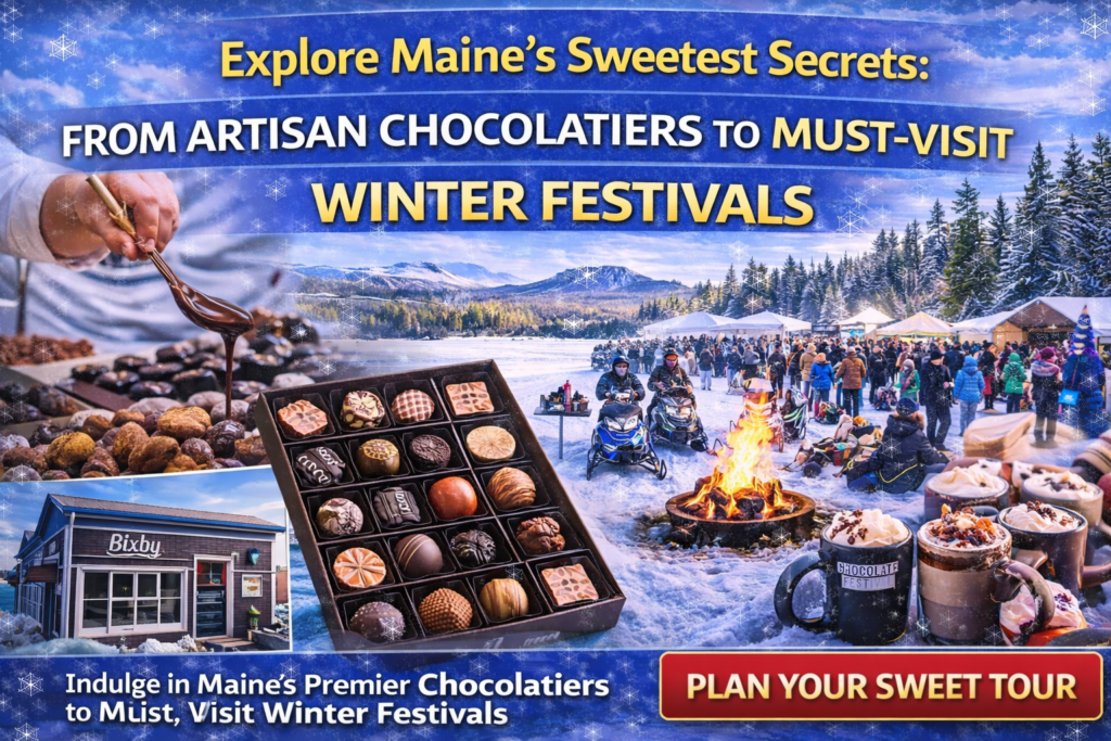 Winter chocolate festival scene in Maine featuring artisan chocolates, festive displays, snow-covered streets, and a cozy small-town atmosphere.