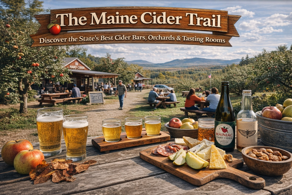 Illustrated 16:9 promotional map of The Maine Cider Trail featuring orchards and cideries across Maine, including Portland, Kingfield, Pownal, Unity, Winthrop, and Turner, with scenic mountains, coastline, apples, and cider tasting flights.