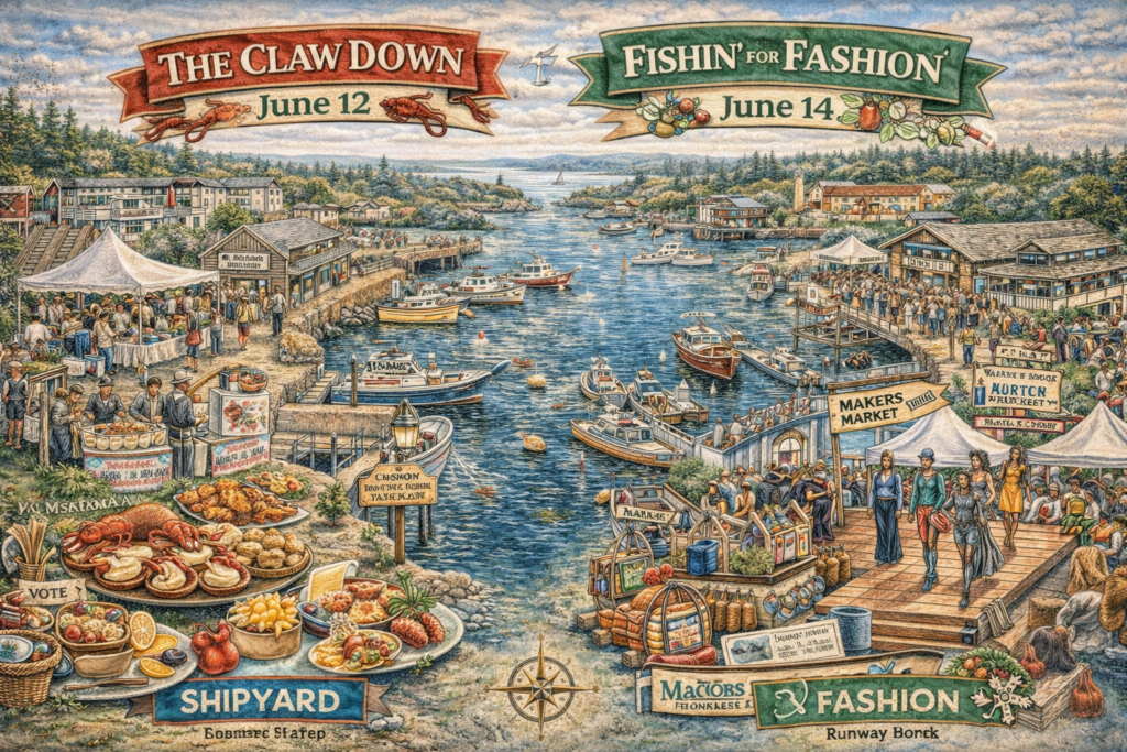 Illustrated 16:9 map of Boothbay Harbor, Maine showing waterfront lobster boats, downtown shops, Shipyard venue, and coastal scenery promoting The Claw Down & Fishin’ for Fashion 2025 festival.