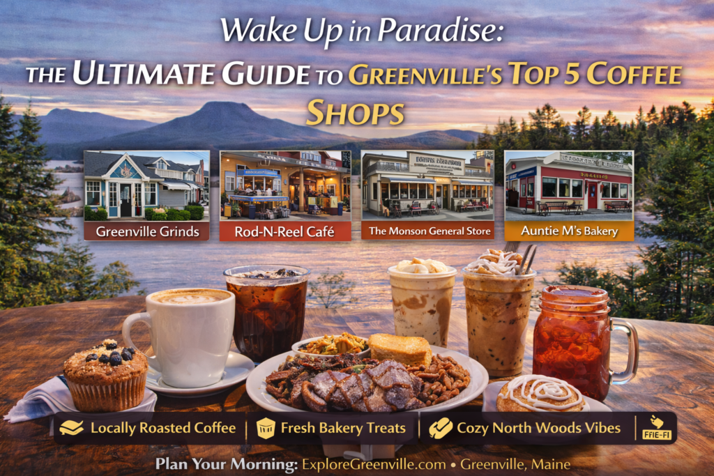 Early morning scene in Greenville, Maine featuring a cozy coffee shop with steaming mugs, fresh pastries, and Moosehead Lake mountains visible outside on a clear North Woods morning.