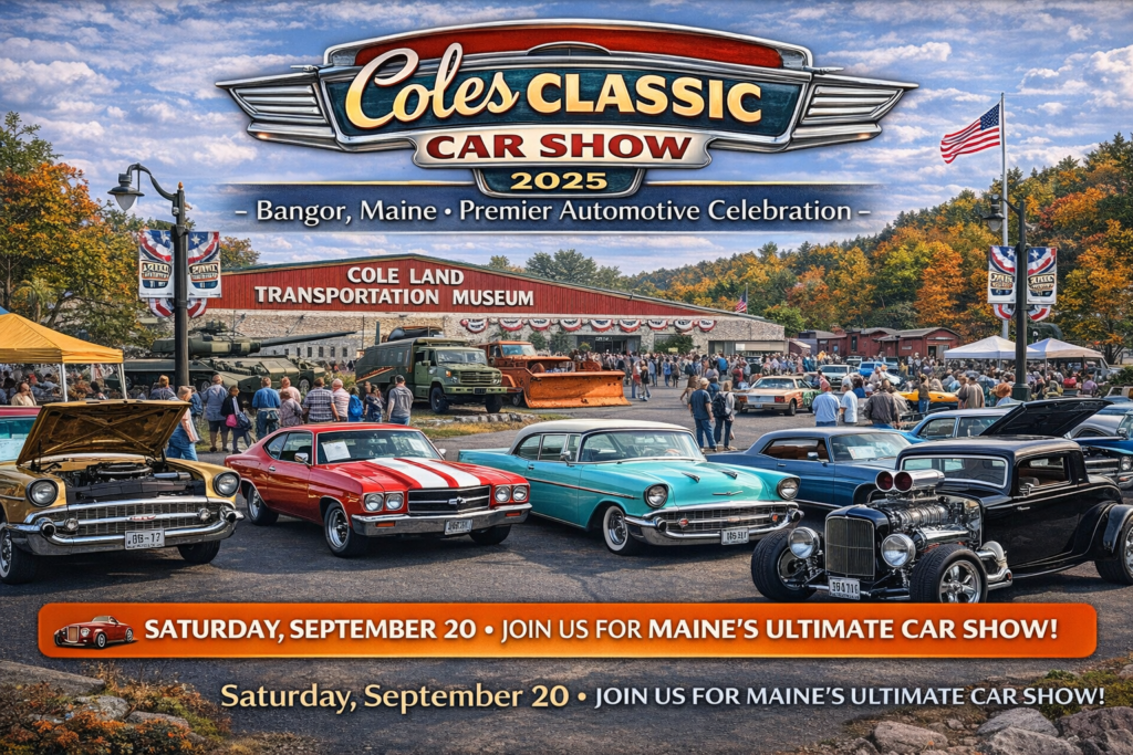 Vintage and classic cars displayed at the Cole Land Transportation Museum in Bangor, Maine during the Coles Classic Car Show 2025, surrounded by colorful autumn foliage and festive crowds.