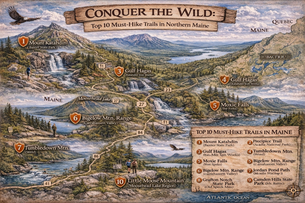 Illustrated map highlighting Northern Maine’s top hiking trails, including Mount Katahdin, Gulf Hagas, Bigelow Range, Acadia cliffs, and Moosehead Lake region