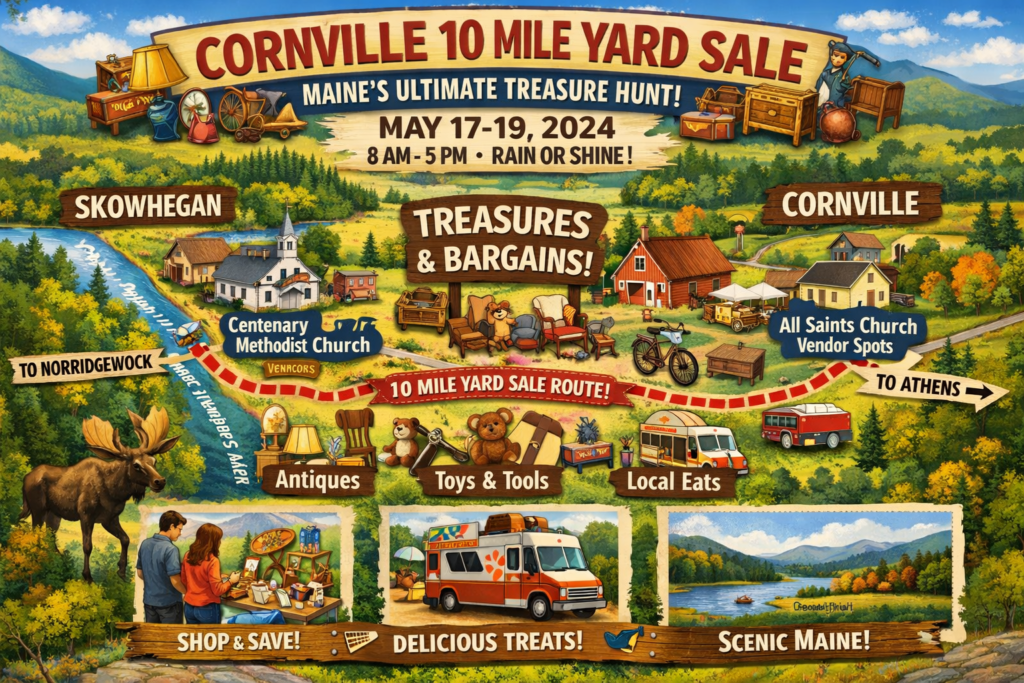 Illustrated 16:9 event map of the Cornville 10 Mile Yard Sale in Cornville and Skowhegan, Maine, highlighting vendor hubs, antiques, local food trucks, scenic countryside, and the ten-mile sale route during Maine’s popular spring treasure hunt.