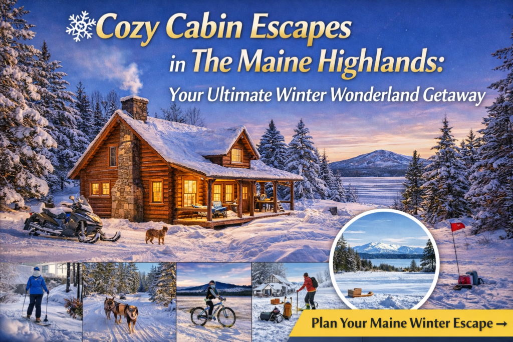 Snow-covered log cabin in the Maine Highlands overlooking Moosehead Lake at sunset with snowmobiles and winter activities promoting a cozy cabin getaway.