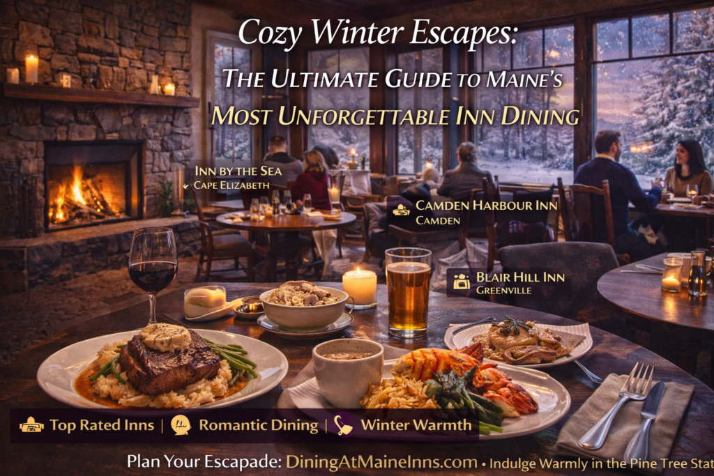 Snowy Maine inn with warm glowing windows and an elegant winter dining room, showcasing cozy fireplace dining and gourmet inn cuisine during a winter getaway.