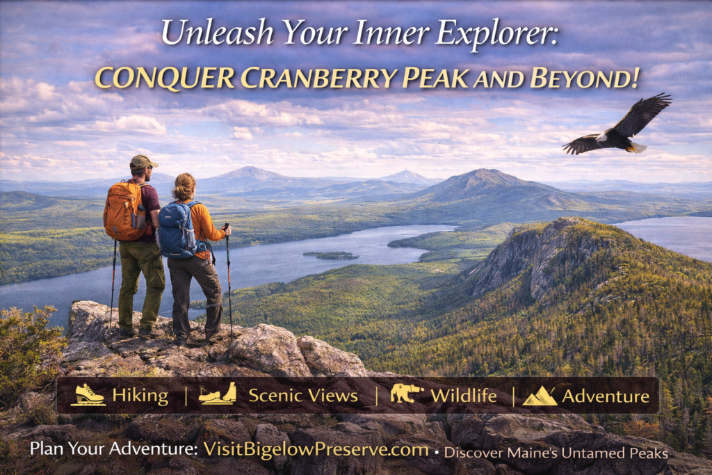 Hikers standing on Cranberry Peak in Maine’s Bigelow Preserve overlooking Flagstaff Lake and surrounding mountain ranges under clear skies