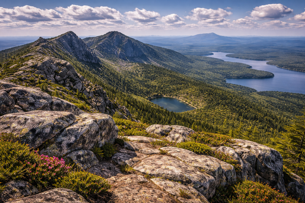 Panoramic mountain landscape in the Bigelow Preserve showing Cranberry Peak, alpine ridgelines, granite summits, forested valleys, and Flagstaff Lake in western Maine.