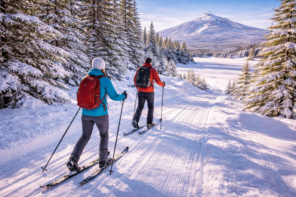 Cross-country skiers gliding along groomed winter trails in the Moosehead Lake Region, surrounded by snow-covered evergreens and frozen lake views in northern Maine.