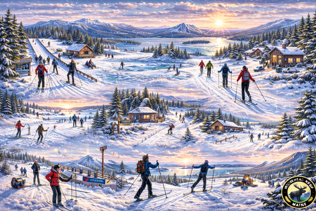 Panoramic winter map illustration of cross-country skiing in Maine featuring Sugarloaf Outdoor Center, Rangeley Lakes trails, Moosehead Lake, Nordic skiers, snow-covered forests, and mountain sunsets.