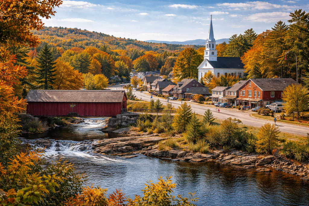 Scenic view of Guilford, Maine featuring the Piscataquis River, historic downtown, surrounding forests, and rolling Maine Highlands landscape.