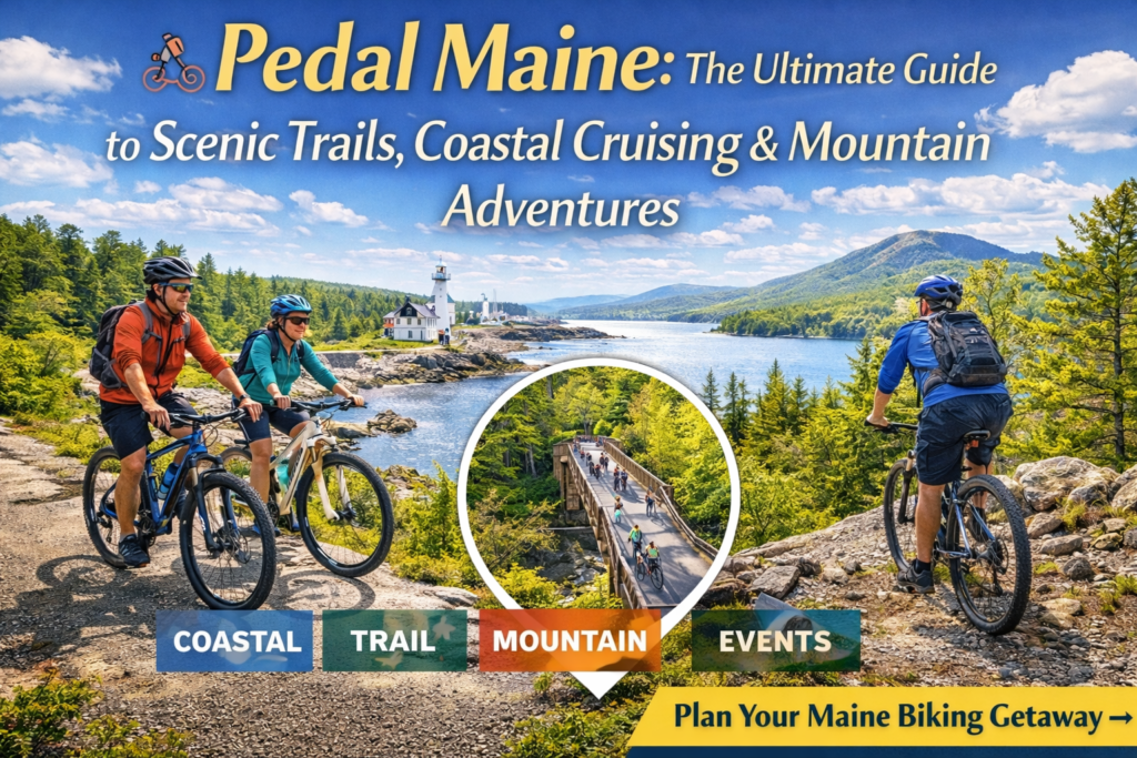 Cyclists riding coastal and mountain trails in Maine with lighthouse views and scenic forest landscapes promoting Pedal Maine biking adventures.