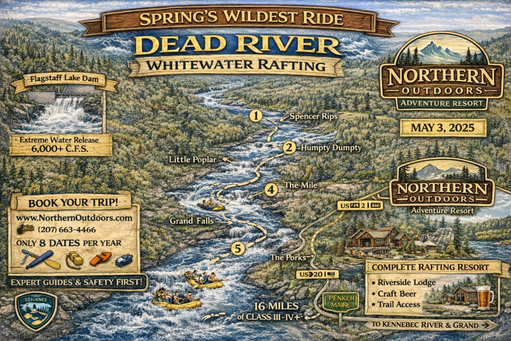 Detailed illustrated map of Dead River whitewater rafting route in The Forks, Maine, highlighting Flagstaff Lake Dam, Grand Falls, Sixteen Miles of Class III–IV rapids, and Northern Outdoors Adventure Resort for the May 3, 2025 spring release event.