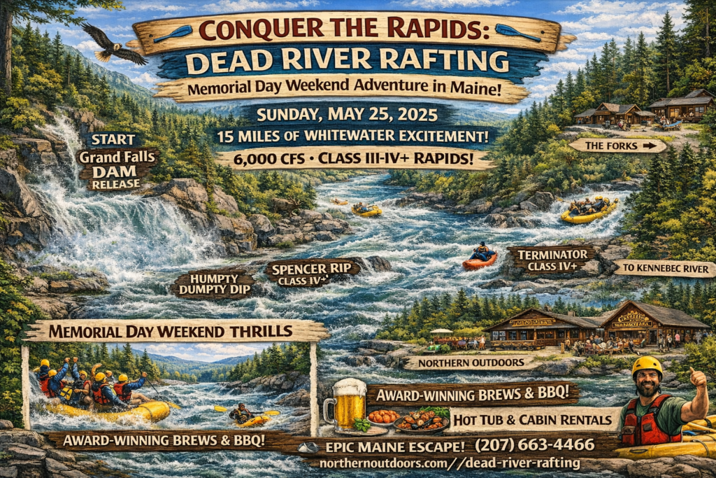Illustrated 16:9 event map of Dead River rafting in The Forks, Maine, highlighting the Memorial Day 6,000 CFS dam release at Grand Falls, Class III–IV+ rapids like Spencer Rips and Terminator, 15-mile whitewater route, and Northern Outdoors basecamp.