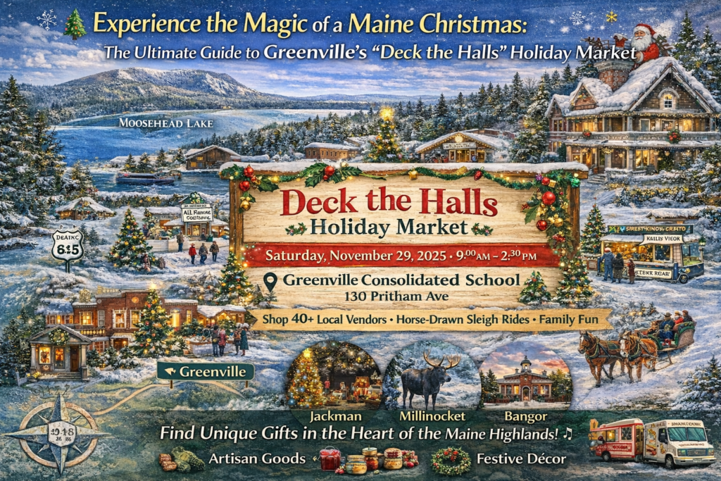Deck the Halls Holiday Market in Greenville Maine with Moosehead Lake winter map background, vendors, sleigh rides, and festive Christmas decorations.
