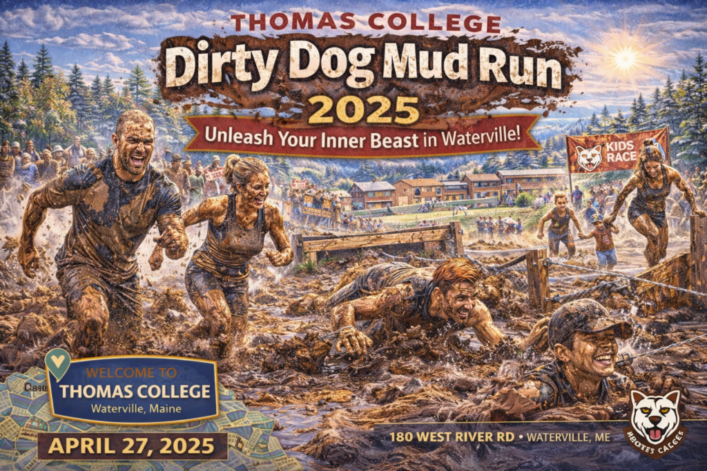Thomas College Dirty Dog Mud Run 2025 in Waterville Maine with runners crawling through muddy obstacles on the Kennebec River campus during a spring obstacle race