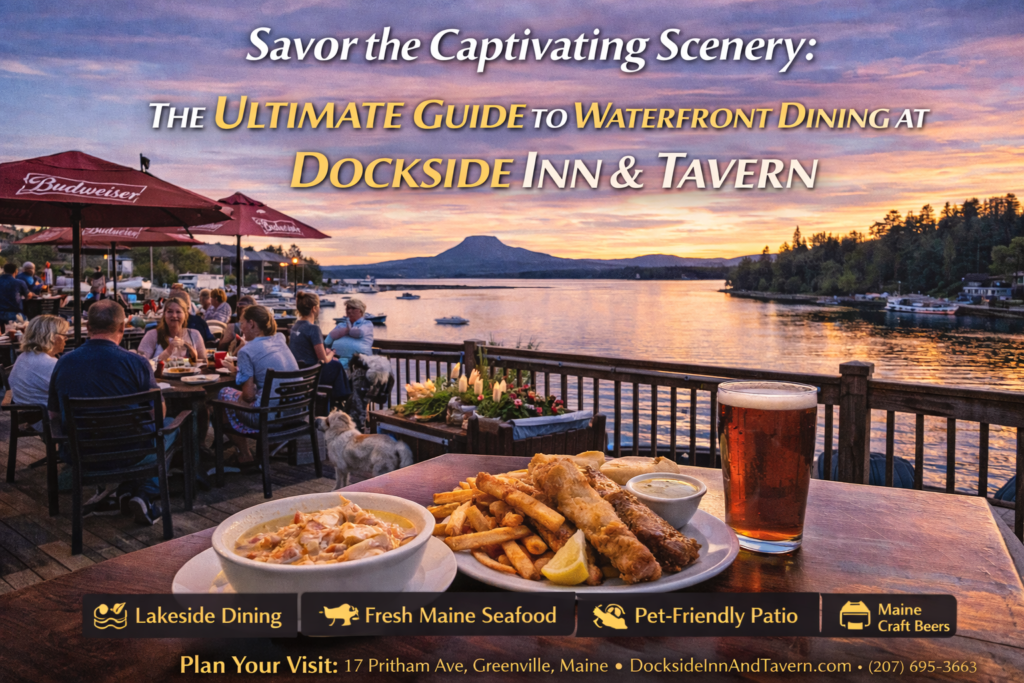 Waterfront dining at Dockside Inn & Tavern in Greenville, Maine with outdoor patio seating overlooking Moosehead Lake and surrounding mountains at sunset.