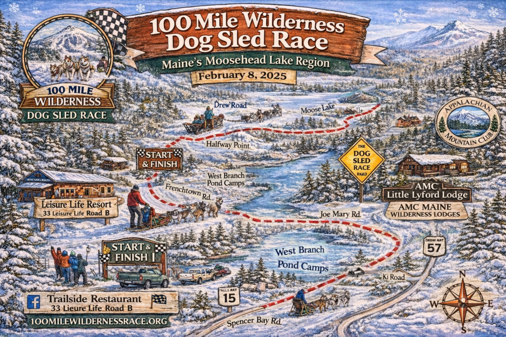 Promotional map of the 100 Mile Wilderness Dog Sled Race route in Maine’s Moosehead Lake Region, highlighting Greenville, trail checkpoints, and surrounding winter wilderness.