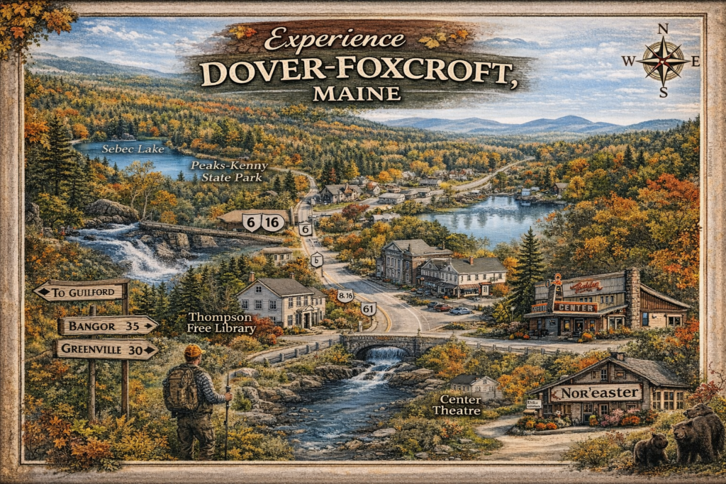 llustrated map of Dover-Foxcroft Maine highlighting Sebec Lake, downtown attractions, parks, and scenic small-town landmarks