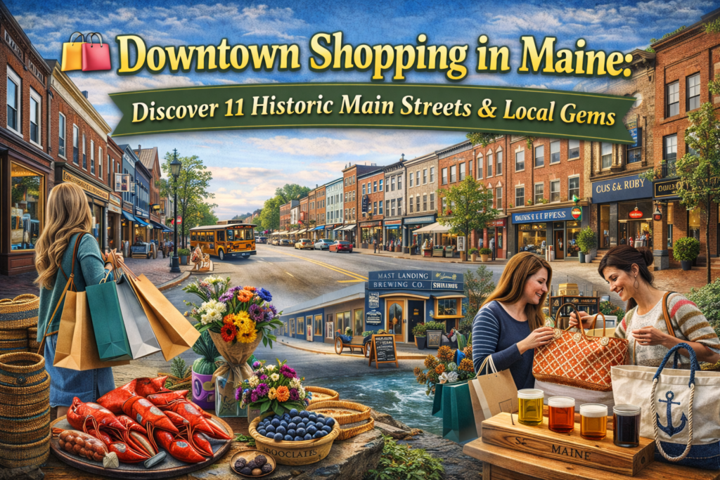 Historic downtown shopping scene in Maine featuring brick Main Street storefronts, local boutiques, artisan shops, tree-lined sidewalks, and vibrant small-town architecture in Augusta, Bath, Belfast, and Rockland.