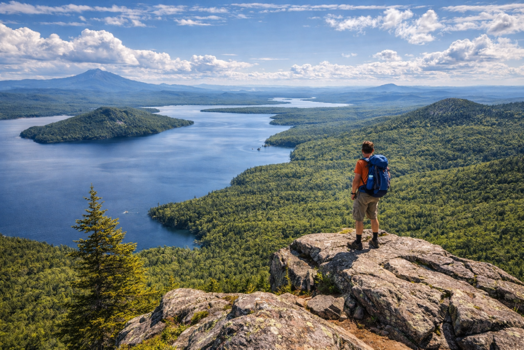 Panoramic view from Eagle Rock Trail overlooking Moosehead Lake, Indian Pond, and the Maine Highlands with rugged forested mountains and granite ledges under a clear sky.