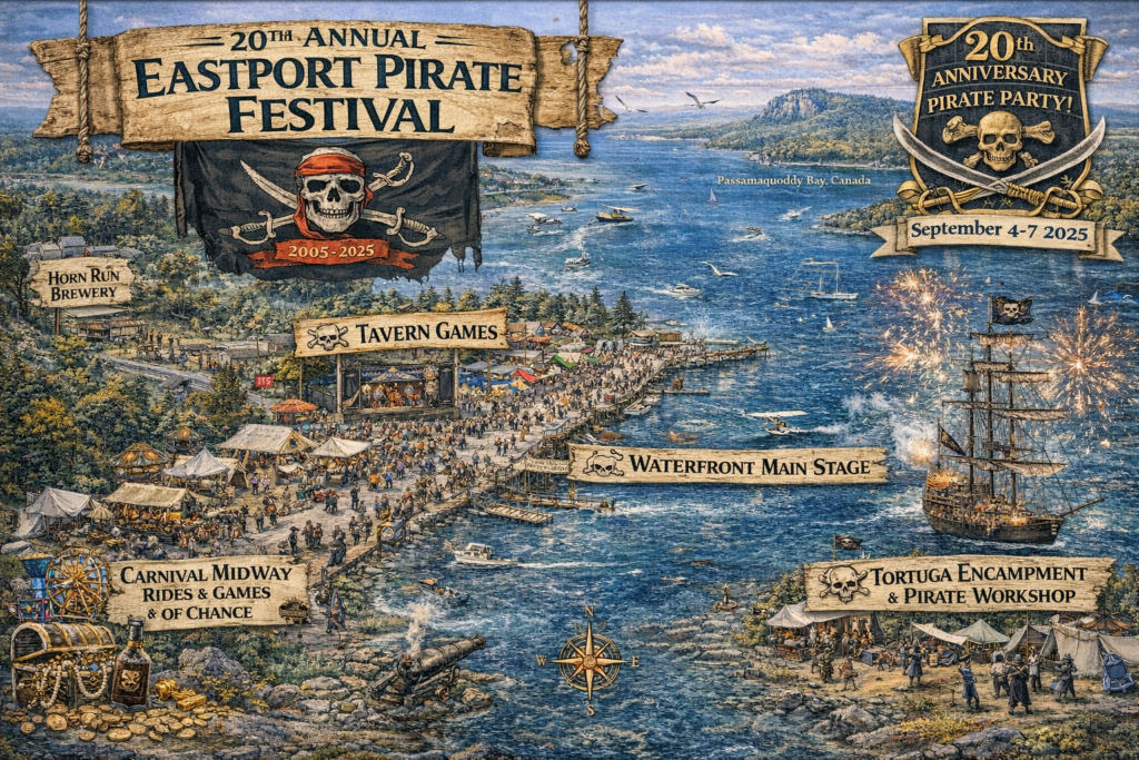 Illustrated aerial-style map of Eastport, Maine during the 2025 Eastport Pirate Festival showing Water Street, downtown harbor, vendor areas, parade routes, and waterfront activities along Passamaquoddy Bay.