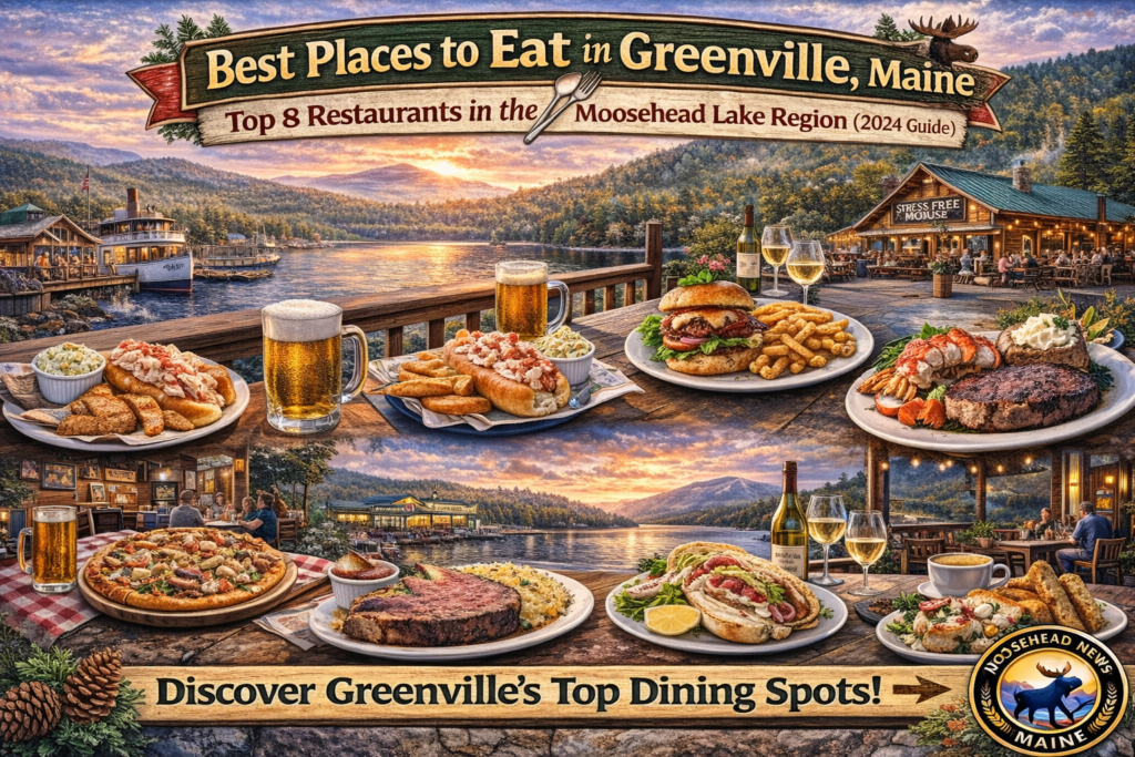 Waterfront dining scene in Greenville Maine featuring lobster roll, burger, steak, pizza, craft beer, and Moosehead Lake sunset view with Katahdin steamboat and local restaurant patios.