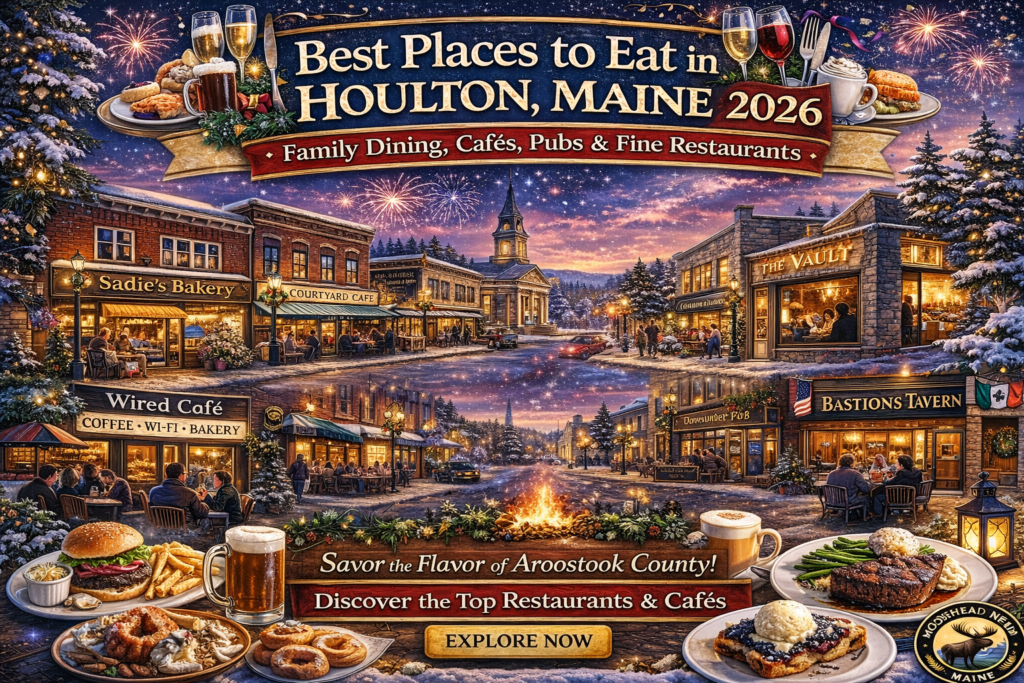 Promotional 16:9 dining image of downtown Houlton, Maine at winter twilight featuring Sadie’s Bakery, The Vault, Bastions Tavern, and Wired Café with festive lights, local restaurants, and the Moosehead News logo.