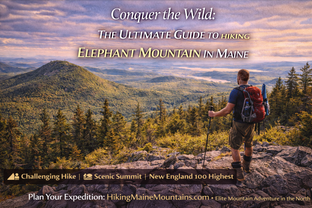 Hiker reaching the remote summit of Elephant Mountain in Maine’s North Woods with sweeping forest and mountain views under a clear sky.