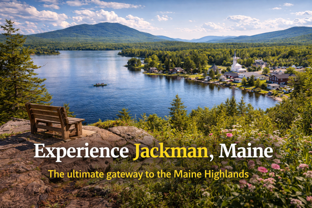 Scenic view of Jackman, Maine featuring the Moose River, dense North Woods forest, and surrounding mountains in summer.