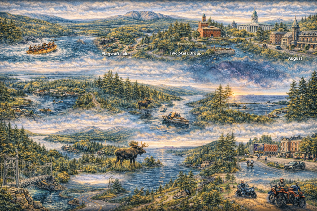 Illustrated 16:9 scenic map of Maine’s Kennebec Valley and Moose River Region featuring whitewater rafting on the Kennebec River, Belgrade Lakes, Bigelow Mountains, Old Canada Road, Moose River canoe route, and historic Augusta waterfront.