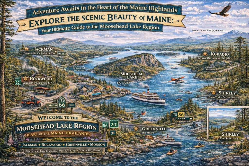 Illustrated map of the Moosehead Lake Region in Maine showing Moosehead Lake, Greenville, Rockwood, Jackman, Monson, Kokadjo, and Shirley with outdoor activities, wildlife, trails, and scenic mountain landscapes in the Maine Highlands.