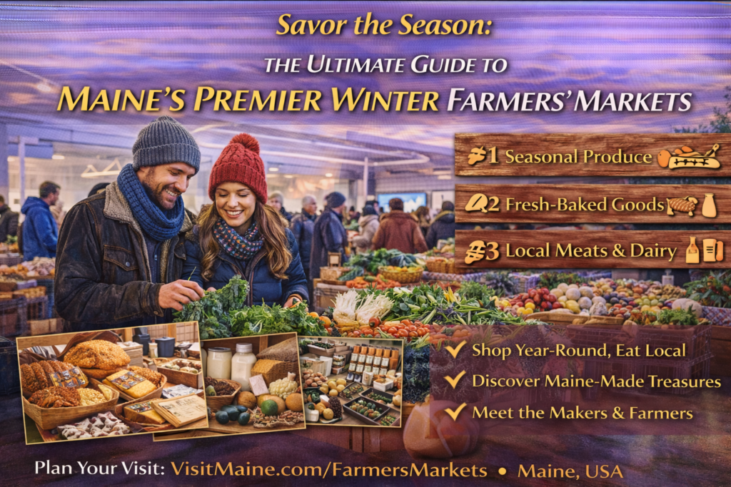 Indoor winter farmers’ market in Maine with local vendors selling fresh produce, baked goods, and artisanal foods during the snowy season