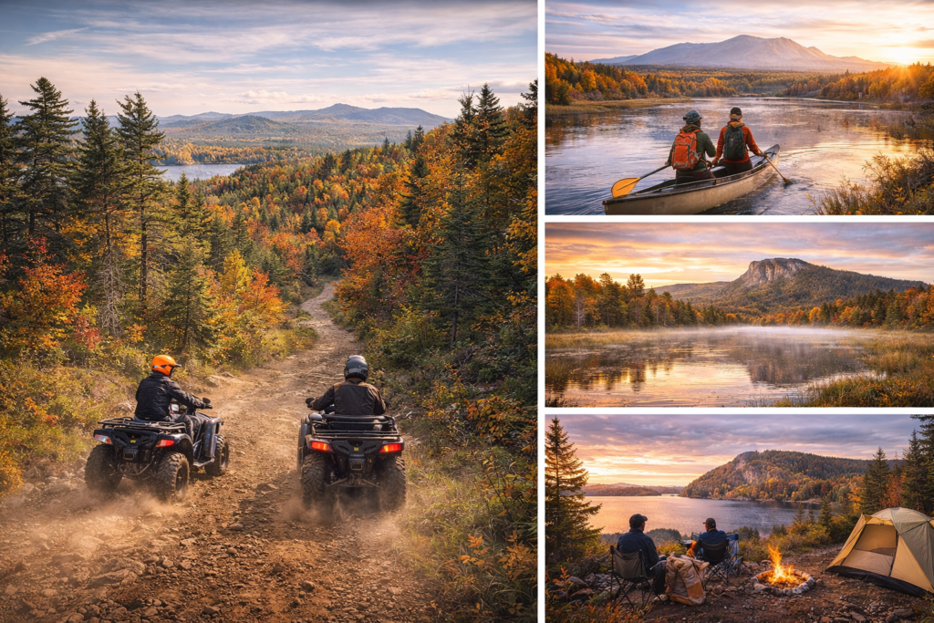 ATV riders on a rugged fall trail in Jackman Maine, canoeing on the Moose River at sunrise, lakeside camping near Rockwood, and autumn mountain views in the Maine Highlands.
