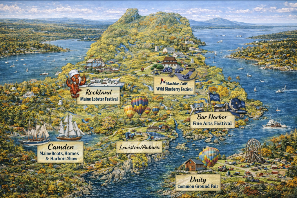 Illustrated 16:9 map of Maine highlighting major August and September 2025 festivals including Rockland Lobster Festival, Camden Windjammer Festival, Great Falls Balloon Festival, Machias Wild Blueberry Festival, and Unity Common Ground Fair with vibrant coastal and early fall scenery.