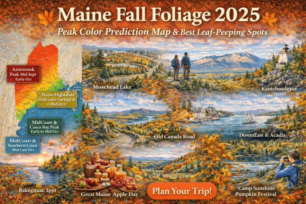 Maine fall foliage peak color map featuring Moosehead Lake, Mount Katahdin, Acadia coastline, Old Canada Road Scenic Byway, forested mountains, and vibrant red, orange, and gold autumn leaves.