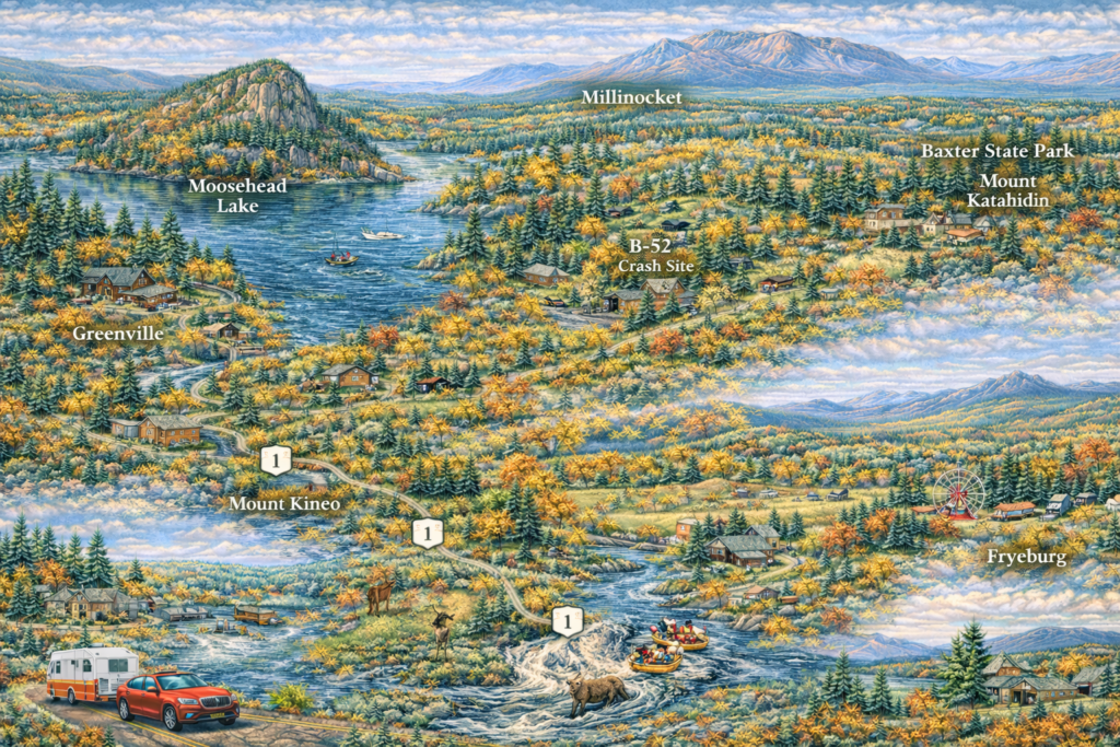 Illustrated map of Inland Maine in fall featuring Moosehead Lake, Mount Kineo, Millinocket, Mount Katahdin, Baxter State Park, Greenville, rafting rivers, forested mountains, and vibrant autumn foliage.