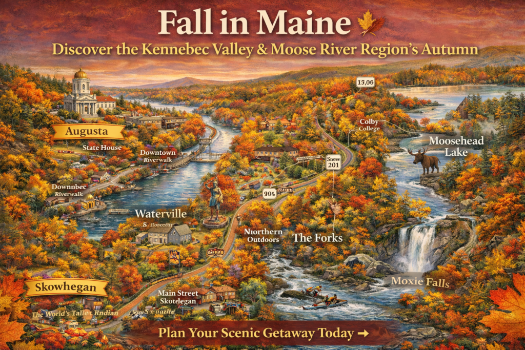 Illustrated fall foliage map of Maine’s Kennebec Valley and Moose River Region featuring Augusta State House, Waterville Riverwalk, Skowhegan, The Forks, Moxie Falls, and Moosehead Lake with vibrant autumn colors and scenic byway routes.