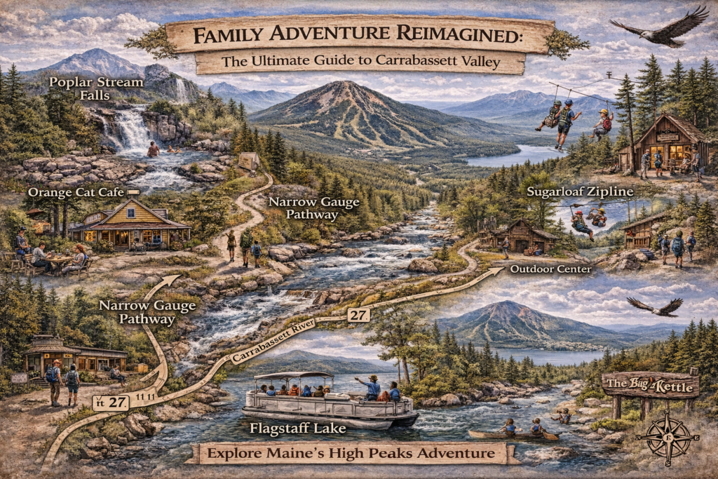 llustrated scenic map of Carrabassett Valley Maine highlighting family-friendly trails, waterfalls, rivers, Sugarloaf Mountain, and outdoor adventure areas in Western Maine.