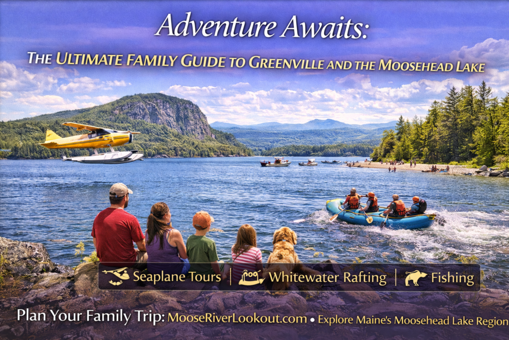 Family enjoying outdoor adventure at Moosehead Lake near Greenville Maine with hiking, boating, and mountain views