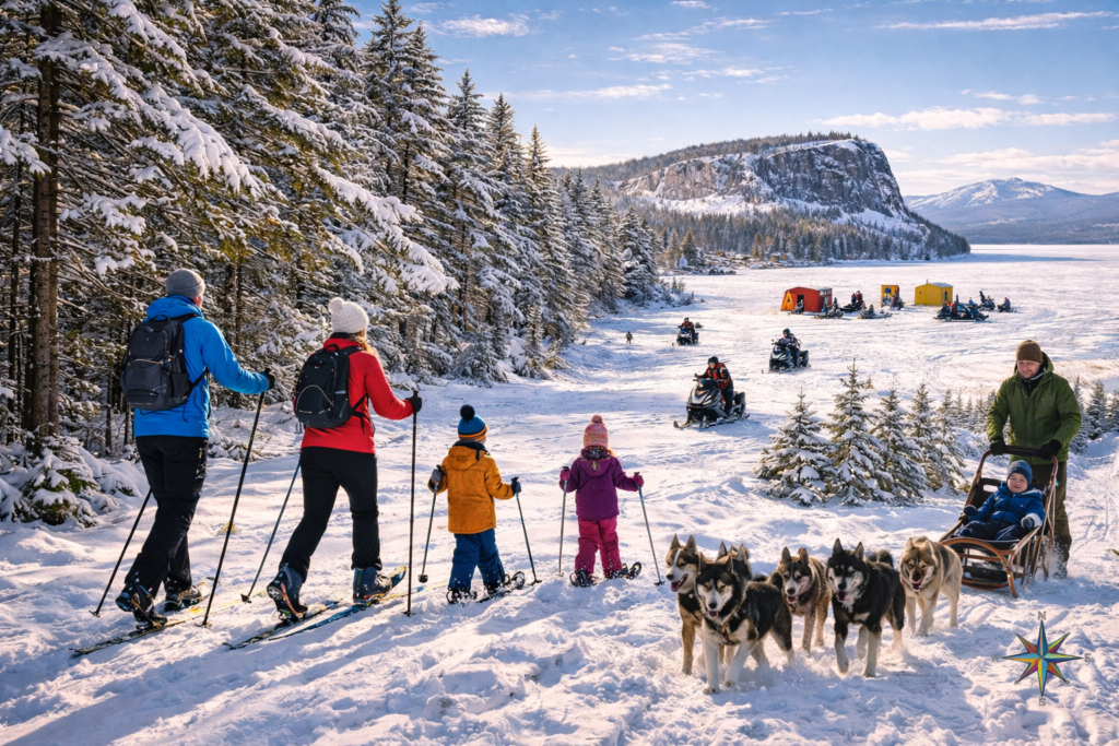 Family enjoying winter adventures in the Maine Highlands, snowshoeing and dog sledding through a snowy forest near Moosehead Lake.