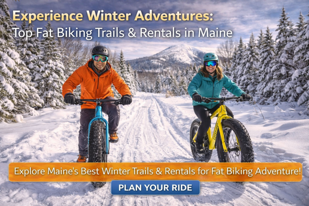 Fat biker riding a snow-covered trail in Maine’s winter wilderness, surrounded by evergreen forest and mountains, showcasing fat biking adventures on groomed winter trails.