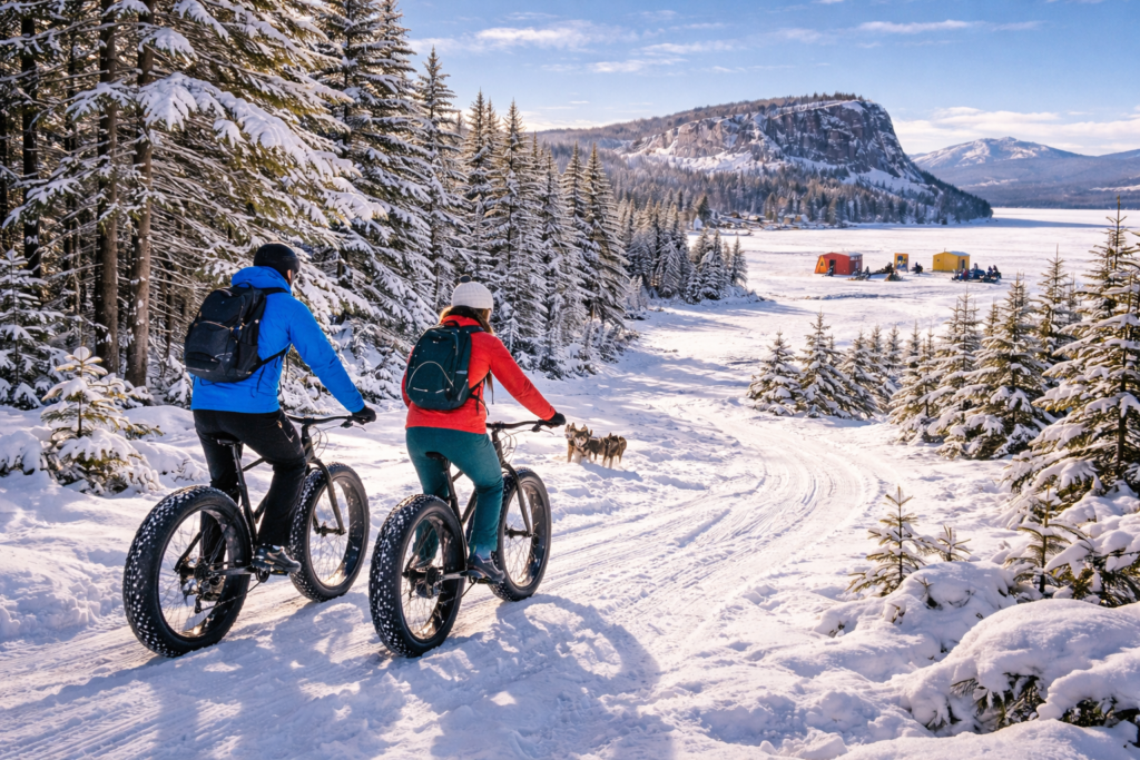 Two fat bikers riding wide-tire bikes on a snow-covered forest trail in Maine, surrounded by evergreen trees and winter scenery.